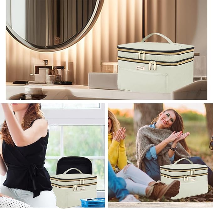 BAFAMYE 8.8L Double Layer Travel Makeup Bag Women, Large Cosmetic Case, Organizer for Travel-Size Accessories Bottles, Brushes, and Skin Care Products, Beige 2.33 GAL