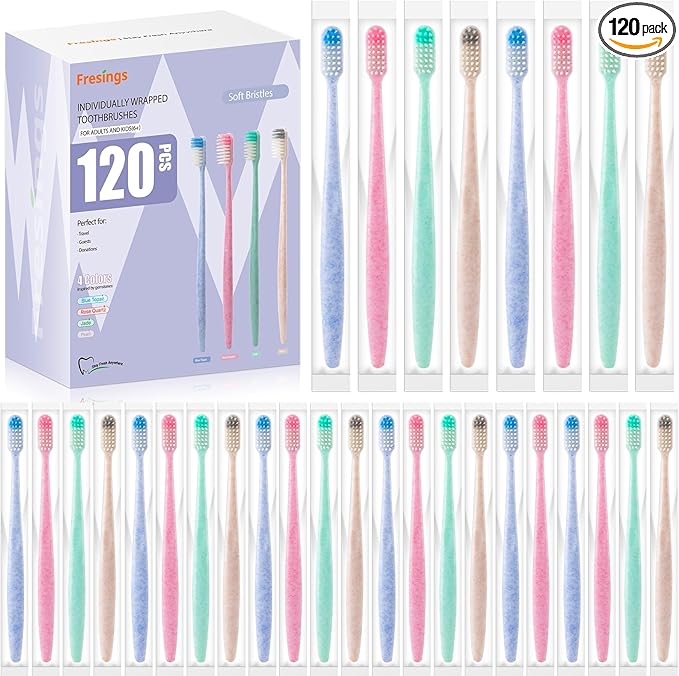 120-Pack Disposable Toothbrushes Individually Wrapped, Soft PBT Bristle Bulk Travel Manual Toothbrushes for Adults & Kids, Guest Bathroom, Hotel, Camping, Donation – 4 Gemstone Colors