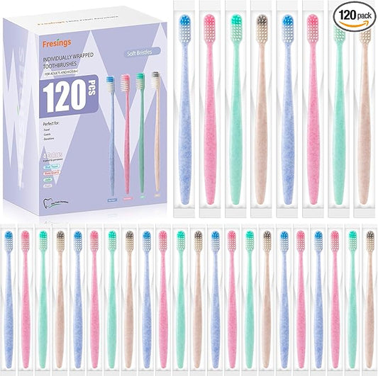 120-Pack Disposable Toothbrushes Individually Wrapped, Soft PBT Bristle Bulk Travel Manual Toothbrushes for Adults & Kids, Guest Bathroom, Hotel, Camping, Donation – 4 Gemstone Colors