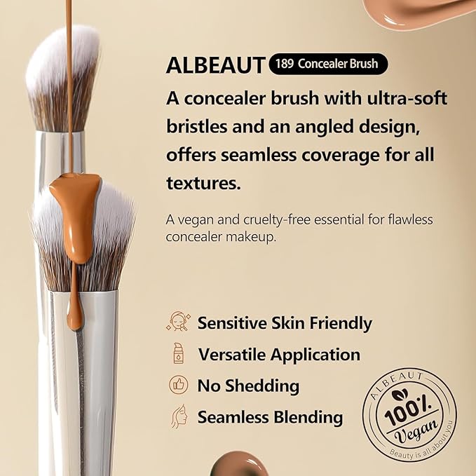 Albeaut Foundation Concealer Makeup Brushes for Liquid Cream Stick,Soft Big Angled Face Brushes Bronzer Contour Nose Eyeshadow Blending Set (189201)