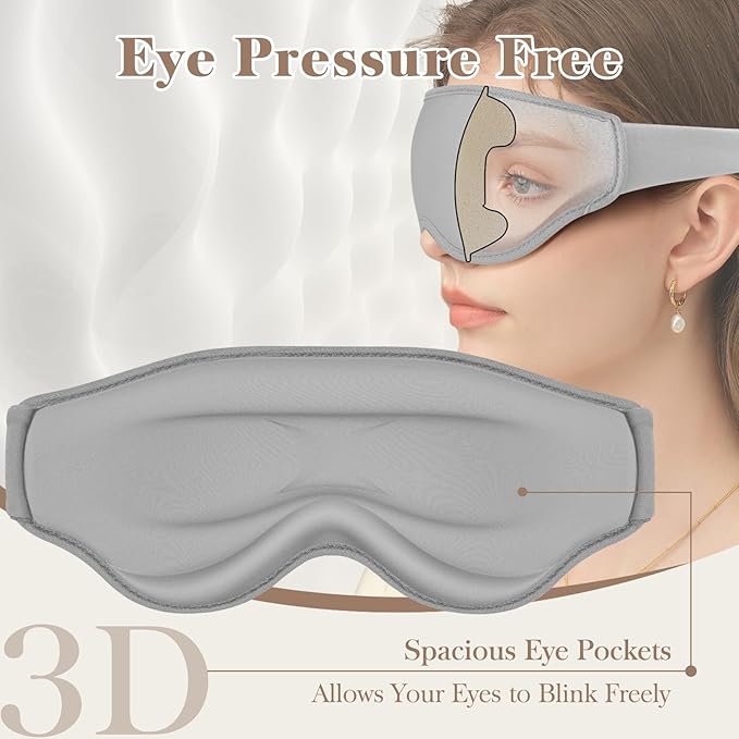 Fygrip 3D Eye Mask Sleep Mask for Men & Women, 100% Pressure-Free & Light Block-Out Eye Mask for Sleep with Easy Adjustable Strap, Night Eye Cover for Travel, Grey
