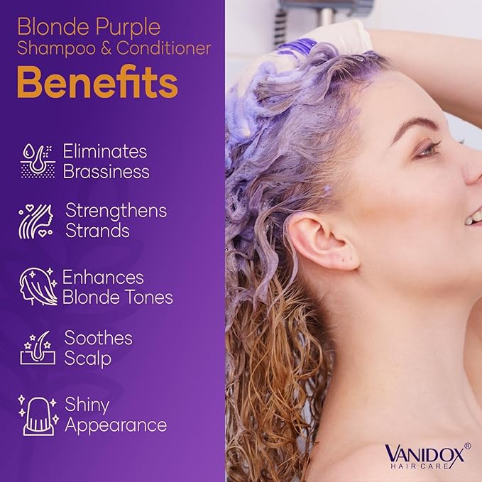 VANIDOX Sulfate Free Brass Toning Purple Shampoo and Conditioner Set for Blondes, Brown Highlighted, or Bleached Hair, Shampoo for Blondes Infused with Purple Rice Extract (16 fl oz each)