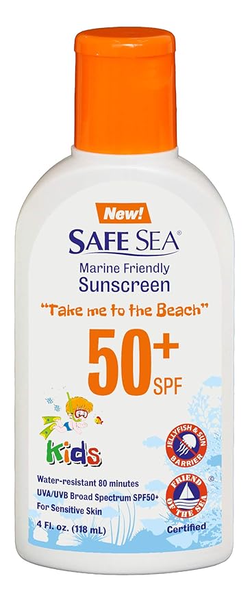 Safe Sea Jellyfish Sting-Blocking Sunscreen for Kids, SPF 50+ Lotion 4oz, Waterproof, Biodegradable, Coral Reef-Safe – Body and Face Sunscreen, Anti-Jellyfish and Sea-Lice sting protection.