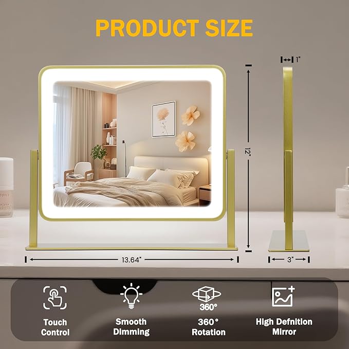 Vanity Mirror with Lights, 14"×12" LED Makeup Mirror, HD Professional Mirror, Smart Touch with 3-Color Lighting, Dimmable, 360° Rotation, Lighted Up for Makeup Desk, Bedroom (Gold)