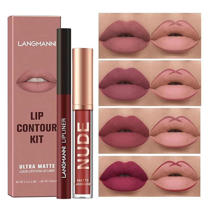 Jolilab 8Pcs Matte Lip Liner + Liquid Lipstick Set, One Step Velvety Nude Lip Stain Waterproof Long Wear High Pigment Lip Makeup Gift Set(#09+10+11+12)