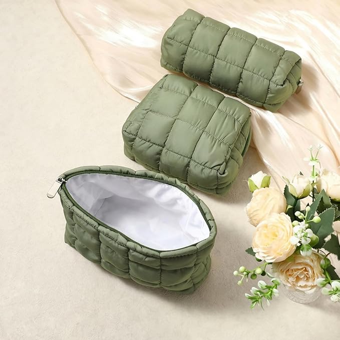 Huhumy 3 Pcs Puffy Makeup Bag Quilted Cosmetic Pouch for Women Cute Checkered Travel Toiletry Bag Puffer Makeup Organizer Purse Pouch Preppy Pencil Case with Zipper(Green)