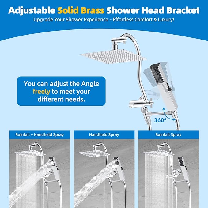 Hibbent All Metal cUPC Certified Shower Head, 10'' High Pressure Rainfall Shower Head, Showerhead Combo, Handheld Shower Wand, 12'' Adjustable Extension Arm, 4-Spray, 71'' Hose, Shower Holder, Chrome