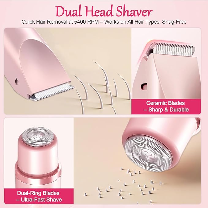 Bikini Trimmer for Women, 2-in-1 Painless Bikini Shaver with Ceramic Blade, Dual-Head Electric Shaver, Ipx7 Waterproof for Shower & Travel, Womens Electric Razor for Armpit Leg Body Facial, Pink