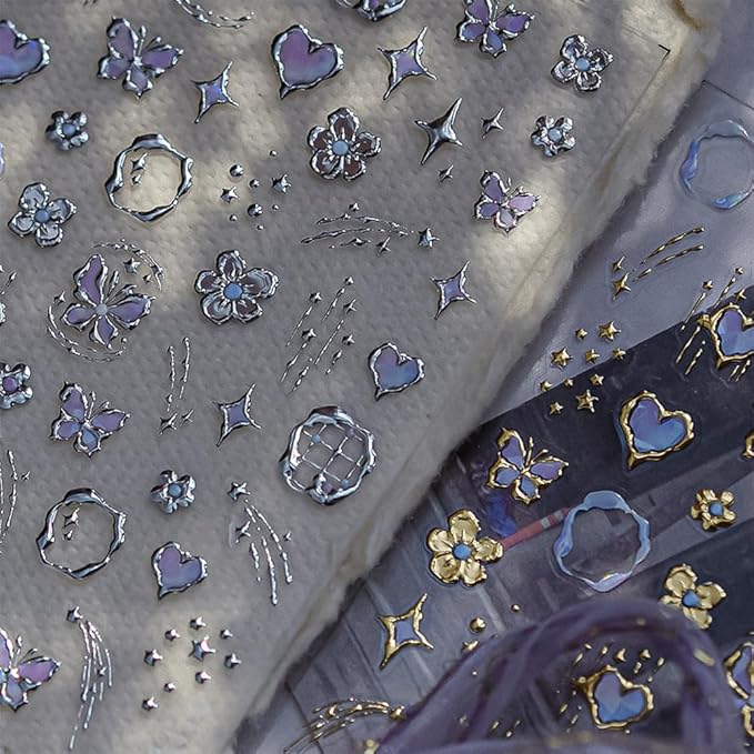 2 Sheets Flower Nail Stickers for Nail Art Silver Gold Spring Nail Art Stickers Bohemian Style Design 5D Embossed Butterfly Nail Decals Star Heart Nail Art Supplies for Women Gilrls