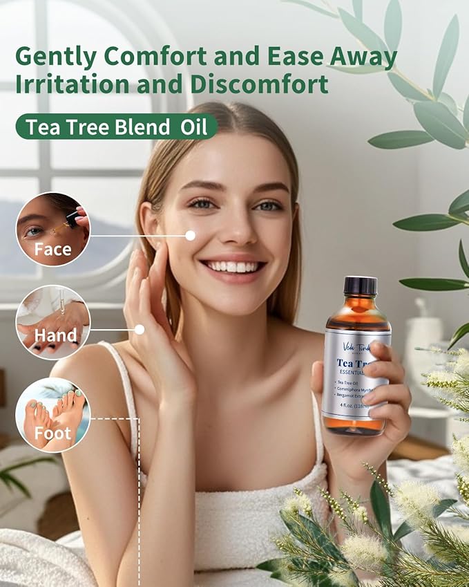 Tea Tree Essential Oils with Glass Dropper, 4 Fl Oz, Natural Tea Tree Oil for Skin, Hair, Nails & Toenails, Diffuser, Aromatherapy, Soap Making Scent