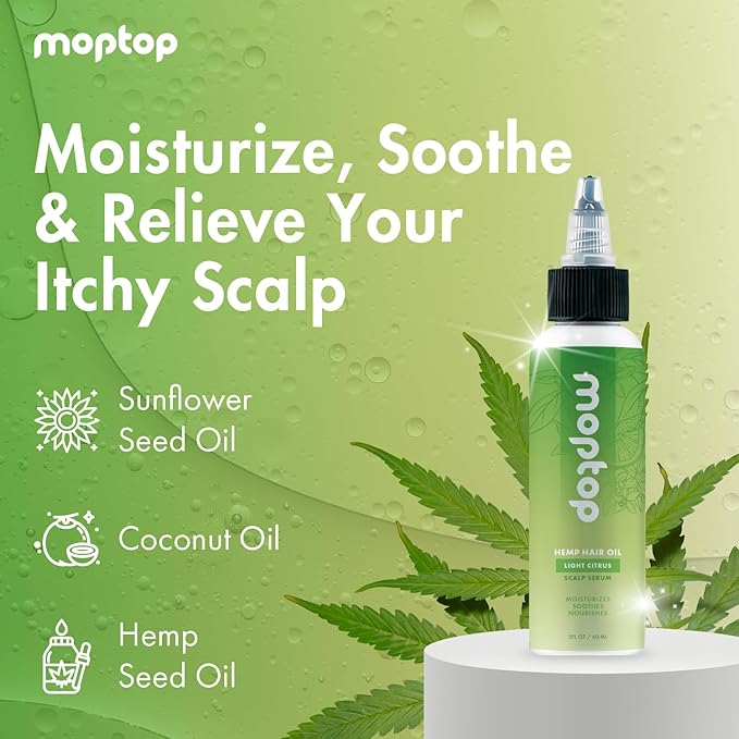 MopTop Hemp Seed Oil for Hair – Natural Hair Oil & Dry Scalp Treatment to Soothe Itchy Scalp, Reduce Flakes & Improve Moisture, Sulfate & Paraben Free Pre-Shampoo Hair Care (Light Citrus, 2oz)