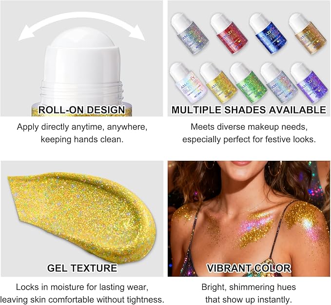 Roll-on Body Glitter Gel Holographic for Face and Hair,Body Glitter Gel Makeup for Kids Women,Body Shimmer Christmas Makeup for Rave Party.(Dazzling Gold)