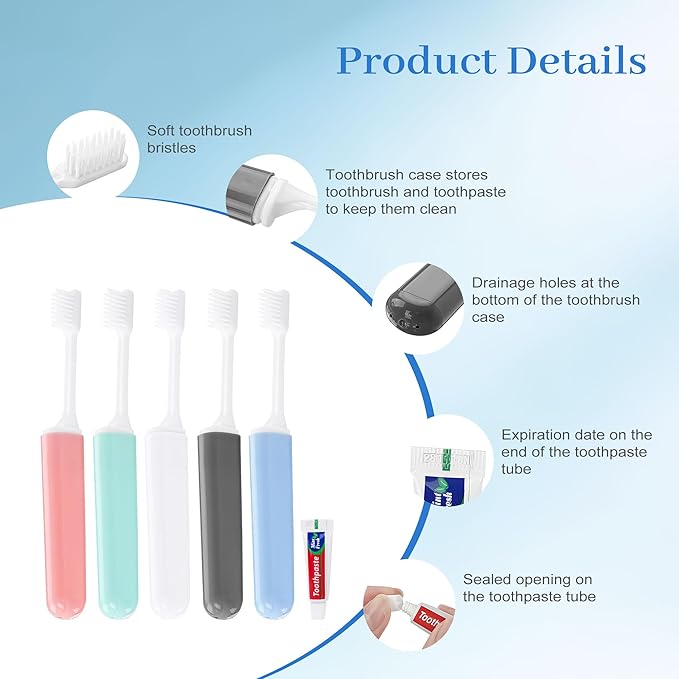 Travel Toothbrush and Toothpaste, Foldable Toothbrush and Toothpaste, Individually Packaged, Foldable for Storage, 5 Colors Available, Ideal for Travel, Business Trips, and Hotels (100-PACK)