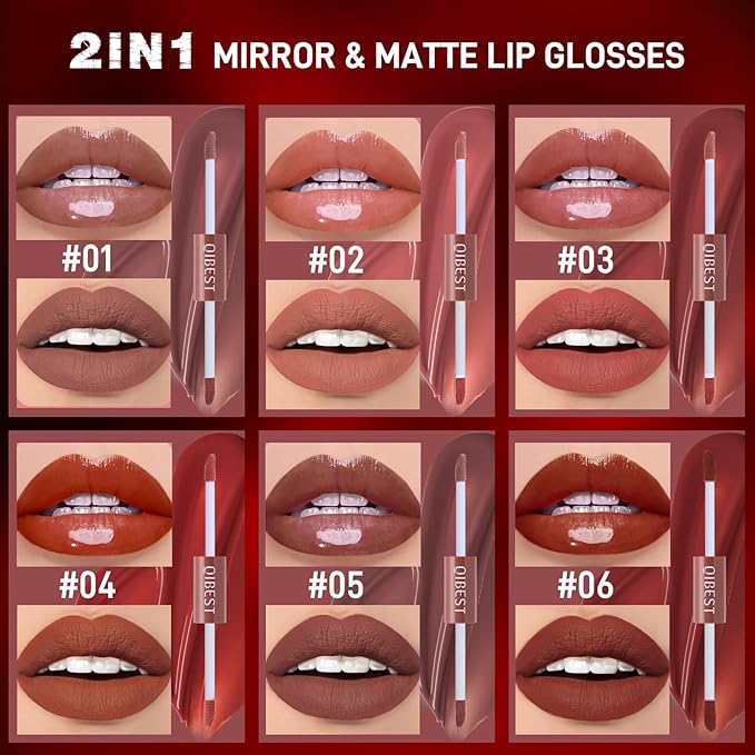 Matte Liquid Lipstick Set, 6 Colors 2-In-1 Mirror Glosses