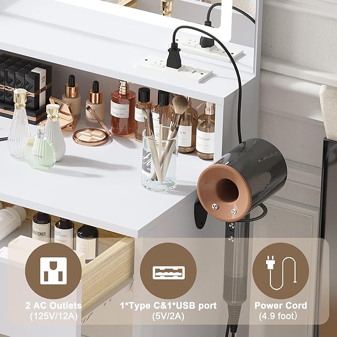 Vanity Desk with LED Mirror and Lights, Makeup Vanity Set with Chair, Power Outlet, Drawers, Cabinet, Dressing Table with Open Storage Shelves and for Bedroom, Dressing Room, White
