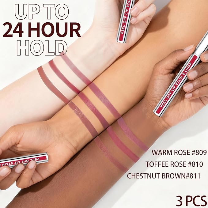 3Pcs Lip Stain Peel Off Set with Tweezer, Peel Off lip Liner Stain Long Lasting Waterproof, Matte Lip Tattoo Tint Transfer Proof, Highly Pigmented Color Lip Makeup(#809+810+811)