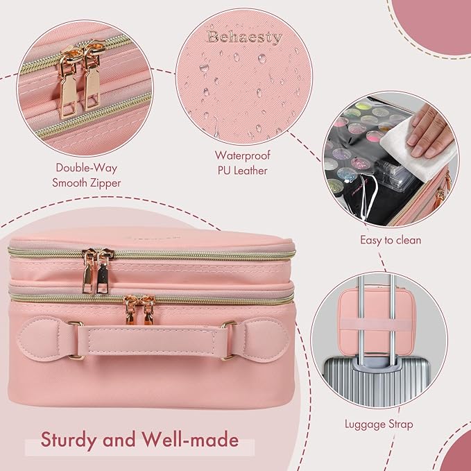 Behaesty Travel Makeup Bag with LED Mirror Double Layer, Detachable Vanity Mirror with Lights, Tri-light Dimmable, Makeup Case with Adjustable Dividers and Brush Holder Cosmetic Organizer Storage Box