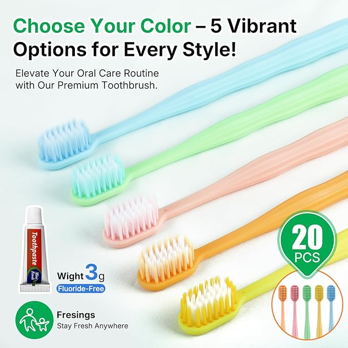 20 Pack Disposable Toothbrushes with Toothpaste, Individually Wrapped, Soft PBT Bristles, Peanut Grip Handle, Fluoride-Free, Bulk Travel Kit for Hotel, Guests, Emergency, Adults & Kids