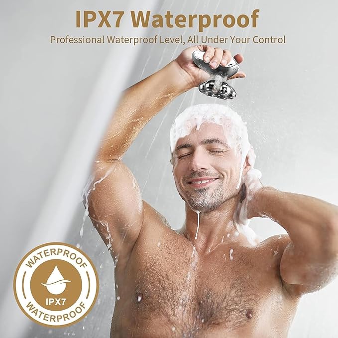 Detachable Head Shavers, SHPAVVER 5 in 1 Electric Razor IPX7 Waterproof for Bald Men, Wet Dry LED Display Rechargeable 7D Rotary Shaver Grooming Kit with Type C Charge A，Bright Silver