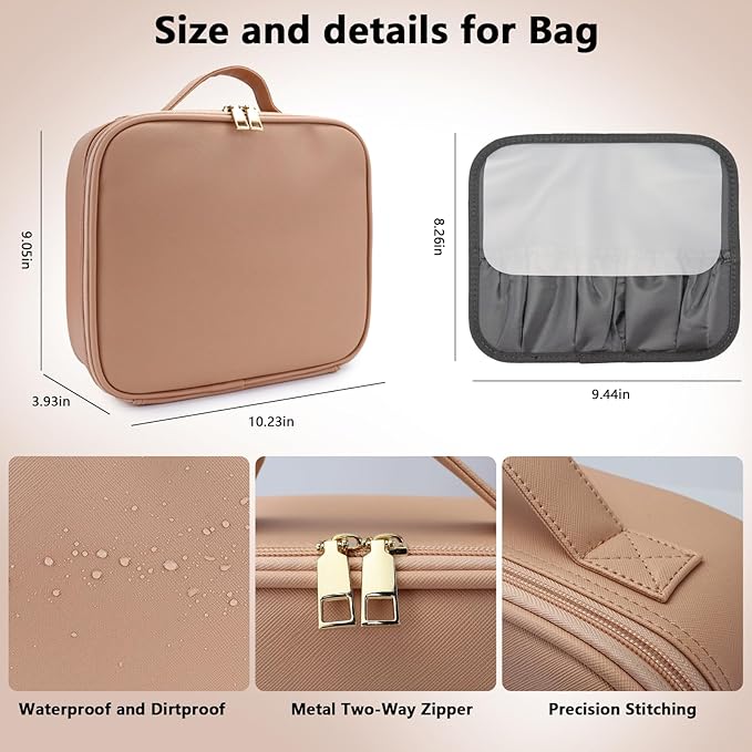 SLUMAZI Travel Makeup Bag with LED Mirror Travel Makeup Organizer with 3 Lighted Settings, Adjustable Dividers and Makeup Brush Storage Bag Khaki