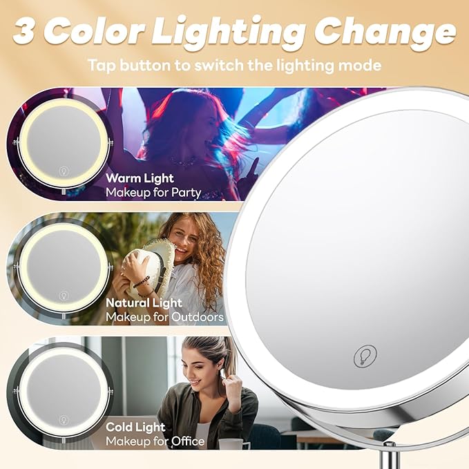 10x/1x Lighted Vanity Makeup Mirror, 2000mAh Rechargeable Height Adjustable Double Sided, Magnifying Mirror with 3 Color Light, Brightness Adjustable, 360° Rotation, Women Gift