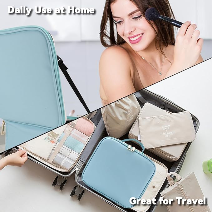 SLUMAZI Travel Makeup Bag with LED Mirror and 10x magnifying glass with 3 Lighted Settings, Adjustable Dividers and Makeup Brush Storage Bag Light Blue
