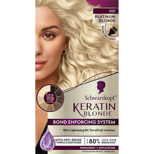 Schwarzkopf Keratin Blonde Hair Dye, 001 High Lift Platinum Blonde, Professional Quality Permanent Hair Color, Bond Enforcing System, Pre-Color Serum & Purple Conditioner Included