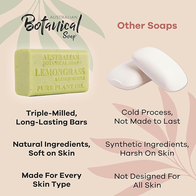 Australian Botanical Soap, Sea Salt, Lemongrass, Pink Lychee, Valencia Orange 6.6 OZ, Luxury Soap Bars Enriched with Shea Butter, Vegan Friendly Assorted Pack of 4