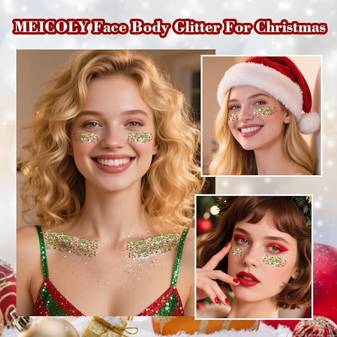 MEICOLY Christmas Face Body Glitter Gel,Holographic Hair Glitter,Christmas Accessories Stocking Stuffers Gift,Festival Face Glitter Makeup for Women Kids Girls,Self-Adhesive Chunky Glitter