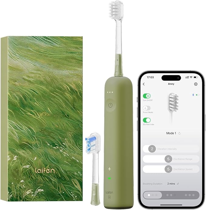 Laifen Wave Special Electric Toothbrush, New 2025 Version Oscillation & Vibration Sonic Electric Toothbrush for Adults with App, 2 Brush Heads, IP68 Waterproof Travel Powered Toothbrush (Meadow Green)