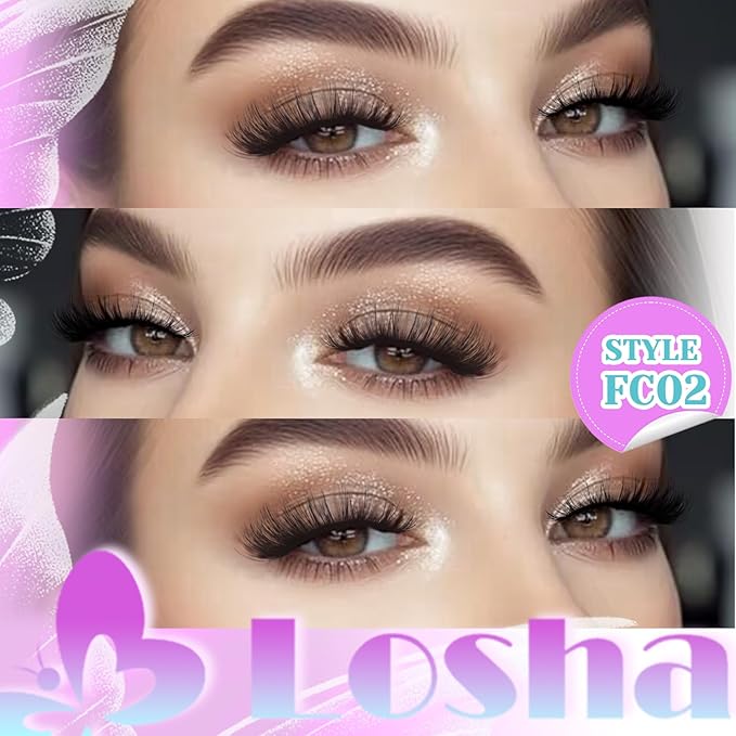 Losha Lashes Wispy False Eyelashes C Curl Cat Eye Lashes Natural Look 7 Pairs Lashes Strips 9-18mm Fluffy Fake Eyelashes with Soft Touch (FC02)