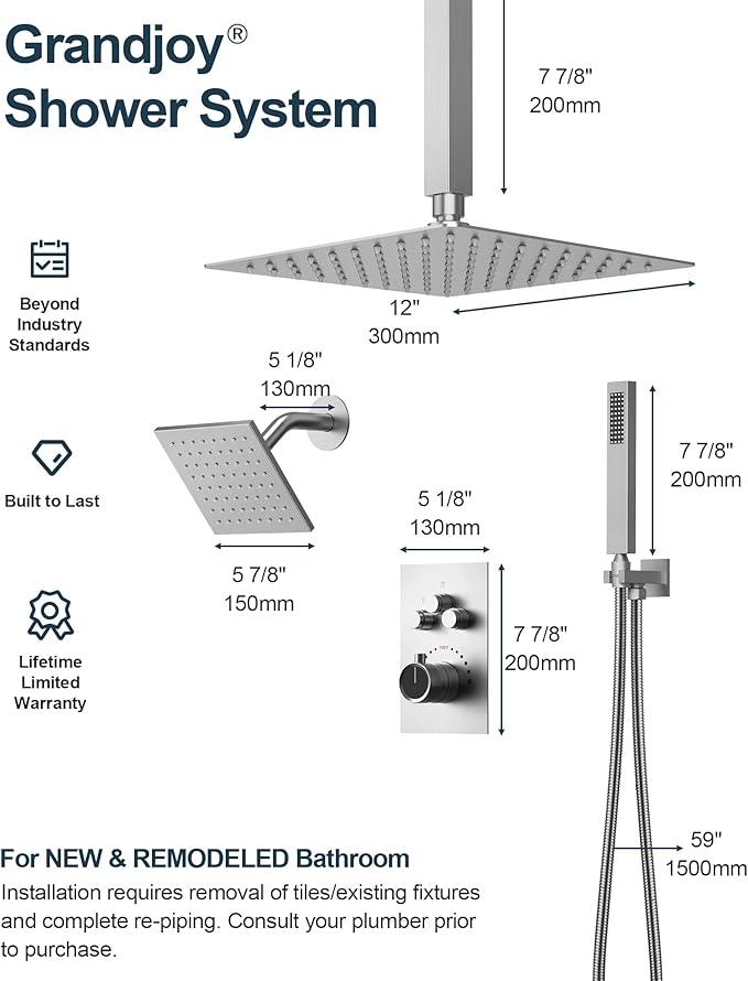 GRANDJOY Thermostatic Shower System, Dual Rainfall Shower Heads for Ceilling & Wall Mounted with Handheld Sprayer, Brushed Nickel