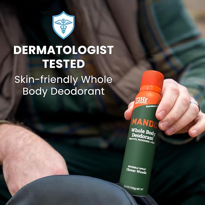 Mando Whole Body Deodorant For Men - Invisible Spray Deodorant - 72 Hour Odor Control - Low Irritation Formula - Aluminum Free, Benzene Free - 3.6 ounce Can - Clover Woods