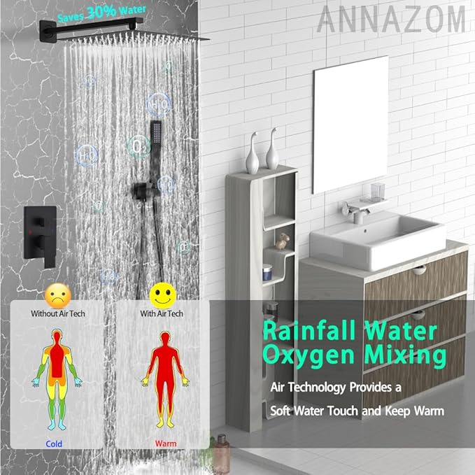 annazom Rainfall Shower System Matte Black Shower Faucet Set with High Pressure 12inch Shower Head Hand Held Square Shower Head Bathroom Luxury Rain Mixer Shower Complete Combo Set Wall Mounted
