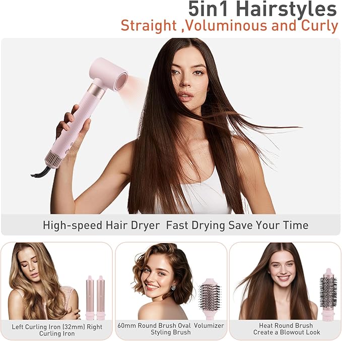 TANSHINE Blow Dryer Brush,5 in 1 Professional Hot Air Styler Hair Dryer Brush Styler,Powerful High-Speed Dryer Air Curler for Fast Drying Curling Volumizing Straightening Styling,Ionic Technology,Pink