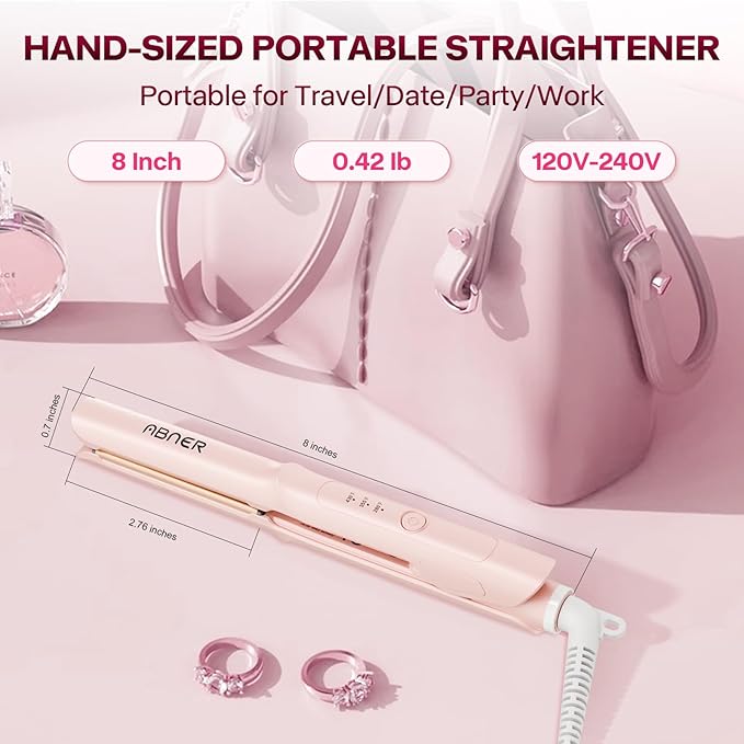 ABNER Mini Flat Iron 0.7 Inch Ceramic Hair Straightener, Small Flat Irons for Short Hair, Curls, Bangs - Adjustable Temperature, Travel-Size, Auto Shut Off, Dual Voltage for Women, Men