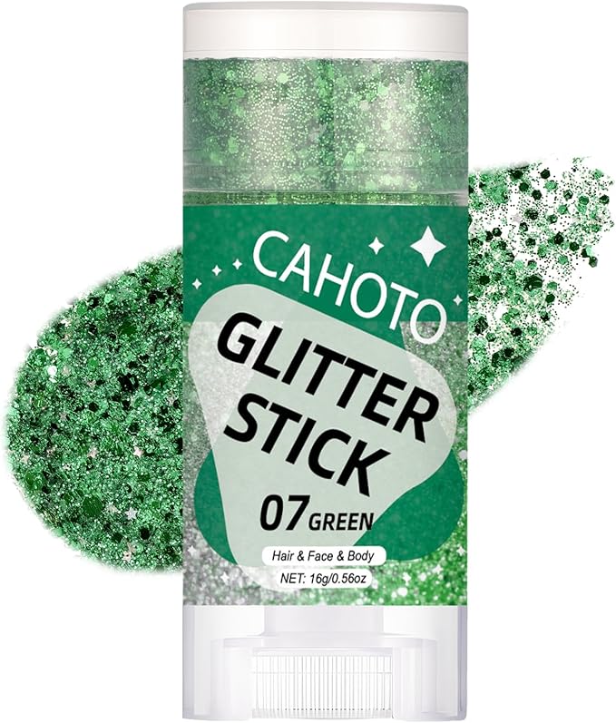 Green Face Body & Hair Glitter Stick for St. Patrick's Day, Shimmer Stick Gel for Women, Sparkling Holographic Chunky Sequins for Christmas Rave Festival Carnival Halloween Concert, 0.56oz
