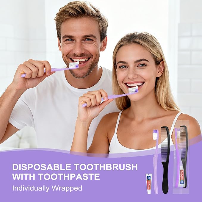 Purple Disposable Toothbrushes with Toothpaste and Comb - Pack of 30,Individually Wrapped Single Use Travel Toothbrushes Kit Bulk for Homeless,Guests,Hotel