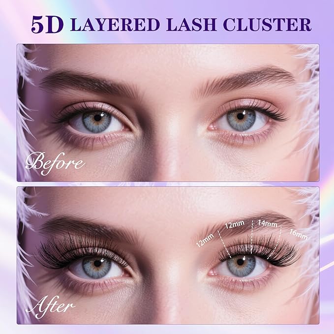 B&Q Lash Clusters Kit Wispy Fluffy - Feath5D 08 Eyelash Clusters Kit with Glue & Tools, Feathered Lightweight Lash Kit, 8-18mm C Curl Waterproof False Lashes
