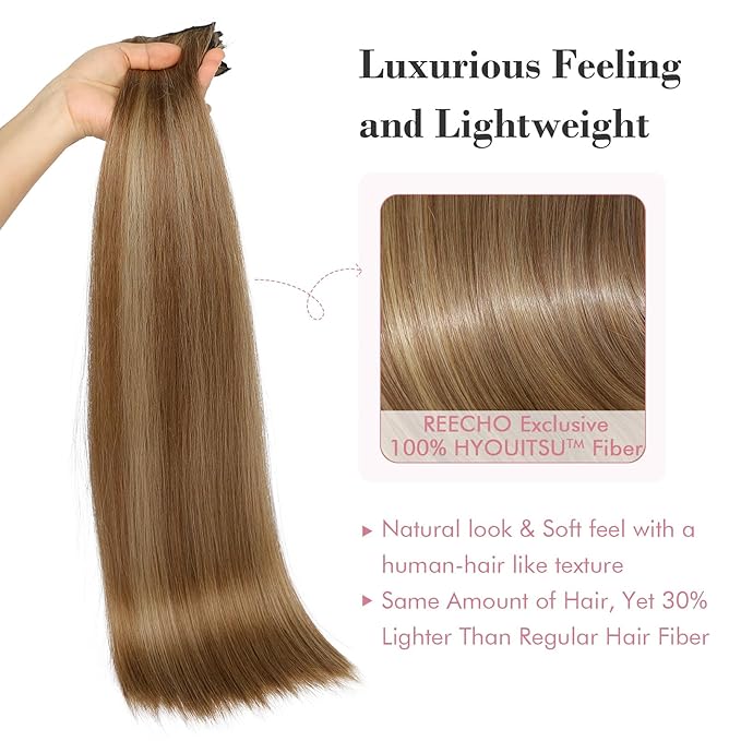 REECHO Clip in Hair Extensions, Hair Extensions Thick Long Lace Weft Lightweight Synthetic Hairpieces for Women 24 Inch-240 Gram(Pack of 5), Light Brown with Highlights