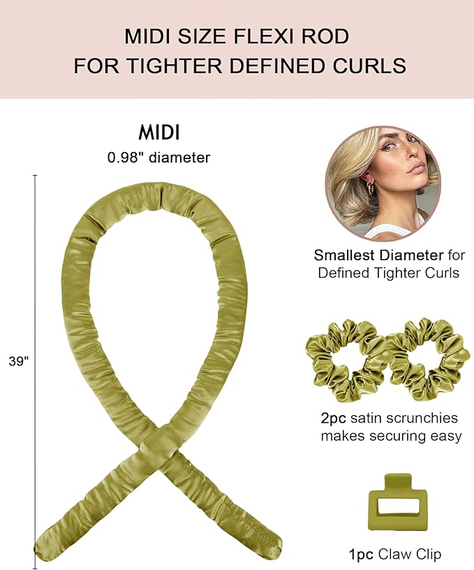 Midi Heatless Curls Overnight Hair Curlers to Sleep In Small Hair Rollers for Short Medium Hair No Heat Overnight Curls, Soft Satin Flexi Rods Heatless Curling Rod Set Styling Tools for Women