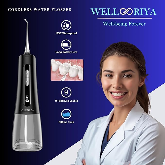 Wellooriya Cordless Water Flosser for Teeth – 300mL Large Tank, 9 Pressure Levels, LED Display, USB-C Rechargeable, IPX7 Waterproof Dental Oral Irrigator for Home & Travel (Black)