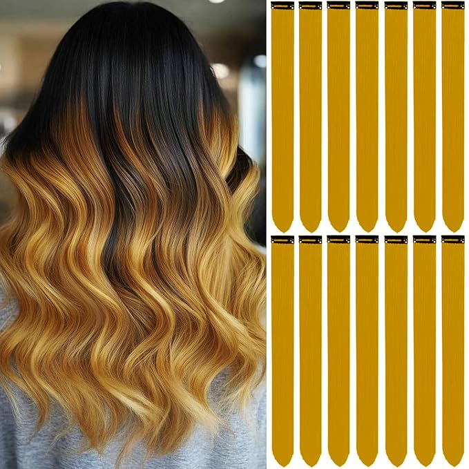 Colored Hair Extensions 14 PCS, 22 In Dream Rainbow Clip in Hair Extensions Party Highlights, Colorful Long Straight Synthetic Hairpieces for Cosplay Women Kids Gift(Gold)