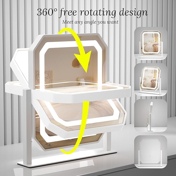 Lighted Makeup Mirror, 12"x10" Hollywood Vanity Mirror with Lights, Brightness Adjustable, Makeup Mirror with Lights,3 Colors, Smart Touch Control, Detachable 10X Magnification for Home/Gift
