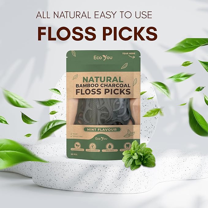 Biodegradable Floss Picks | 50 Count (1 Pack) | Mint Flavor, Candelilla Wax | Sustainable & Reusable | Vegan & Cruelty-Free | Bamboo Floss Picks, Bamboo Toothpicks