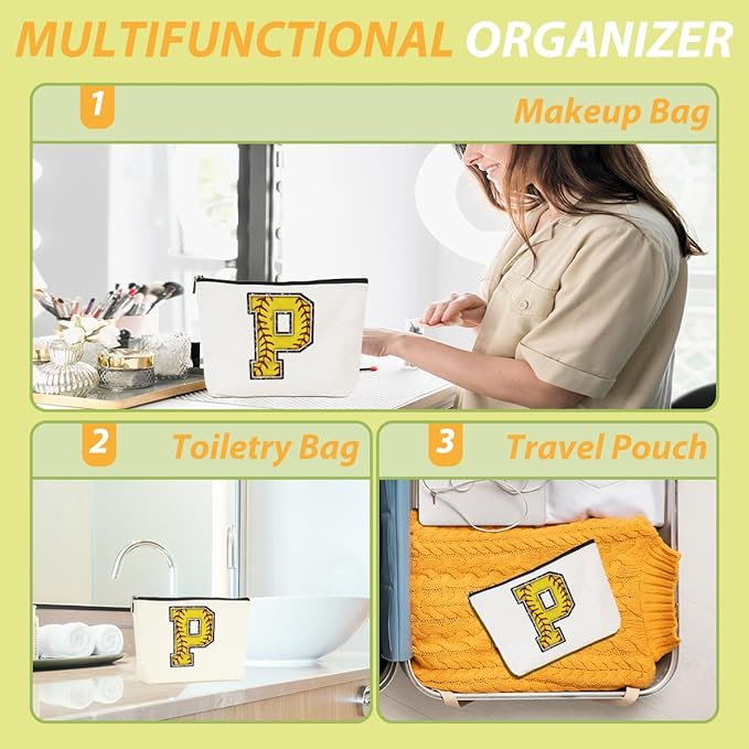 CQM Softball Gifts Initial Makeup Bag Monogrammed Cosmetic Bag Yellow Letter P Zipper Pouch Softball Accessories for Girls Women Player Coaches Friend Graduation Birthday Gifts