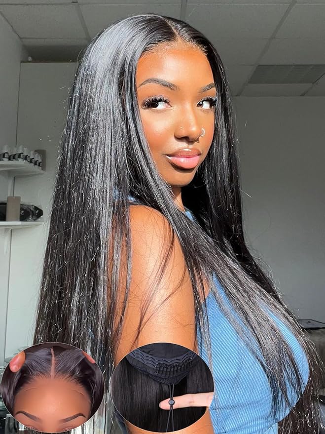 ORIGINAL QUEEN Straight Wear Go Glueless Wigs Human Hair Upgrade 9x6 T-Part Pre Cut Lace Straight Wig Pre-Plucked Flip Over Beginner Friendly with Drawstring 180% Density 20 Inch