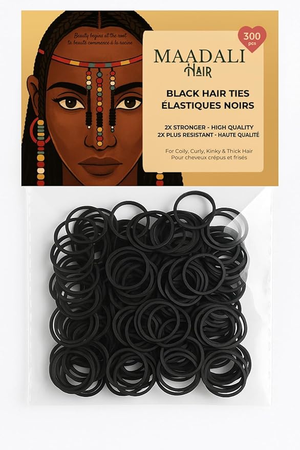 300 Black Hair Ties - Small Strong Rubber Bands for Thick, Curly & Afro Hair, Braids, Ponytails & Protective Styles - No Breakage Hair Elastics bands for Women & Girls - MAADALI