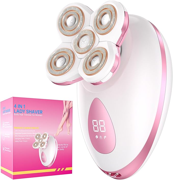 Electric Razors for Women Legs - Painless Body Shavers for Sensitive Skin - 5 in 1 Cordless Lady Trimmer for Women's Leg, Bikini and Face - Waterproof Wet/Dry Remover, Rechargeable, Cherry