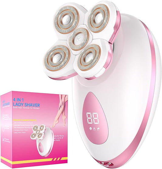 Electric Razors for Women Legs - Painless Body Shavers for Sensitive Skin - 5 in 1 Cordless Lady Trimmer for Women's Leg, Bikini and Face - Waterproof Wet/Dry Remover, Rechargeable, Cherry
